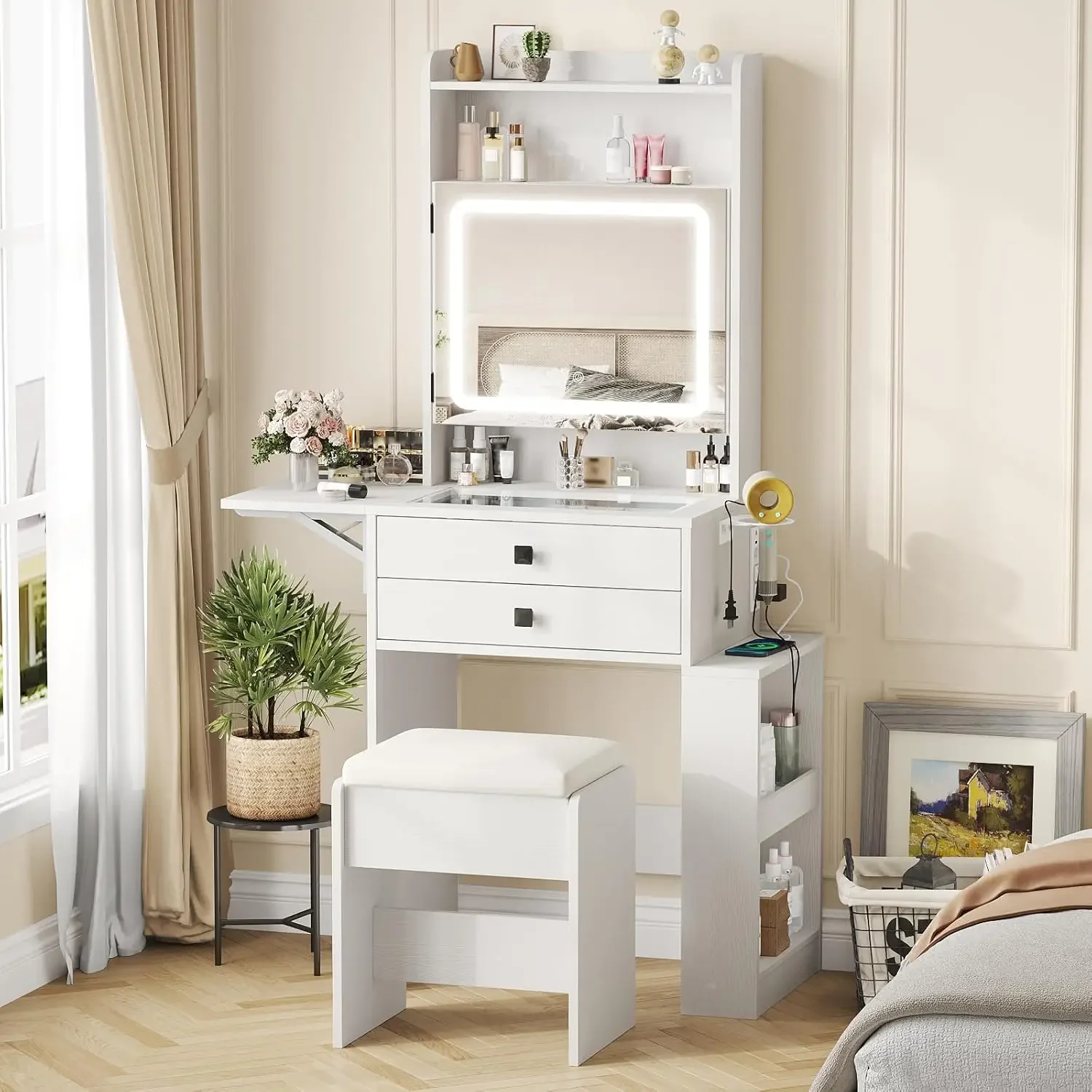Small Makeup Vanity Desk with  - Desk Setup Charging Station ulasan dan harga