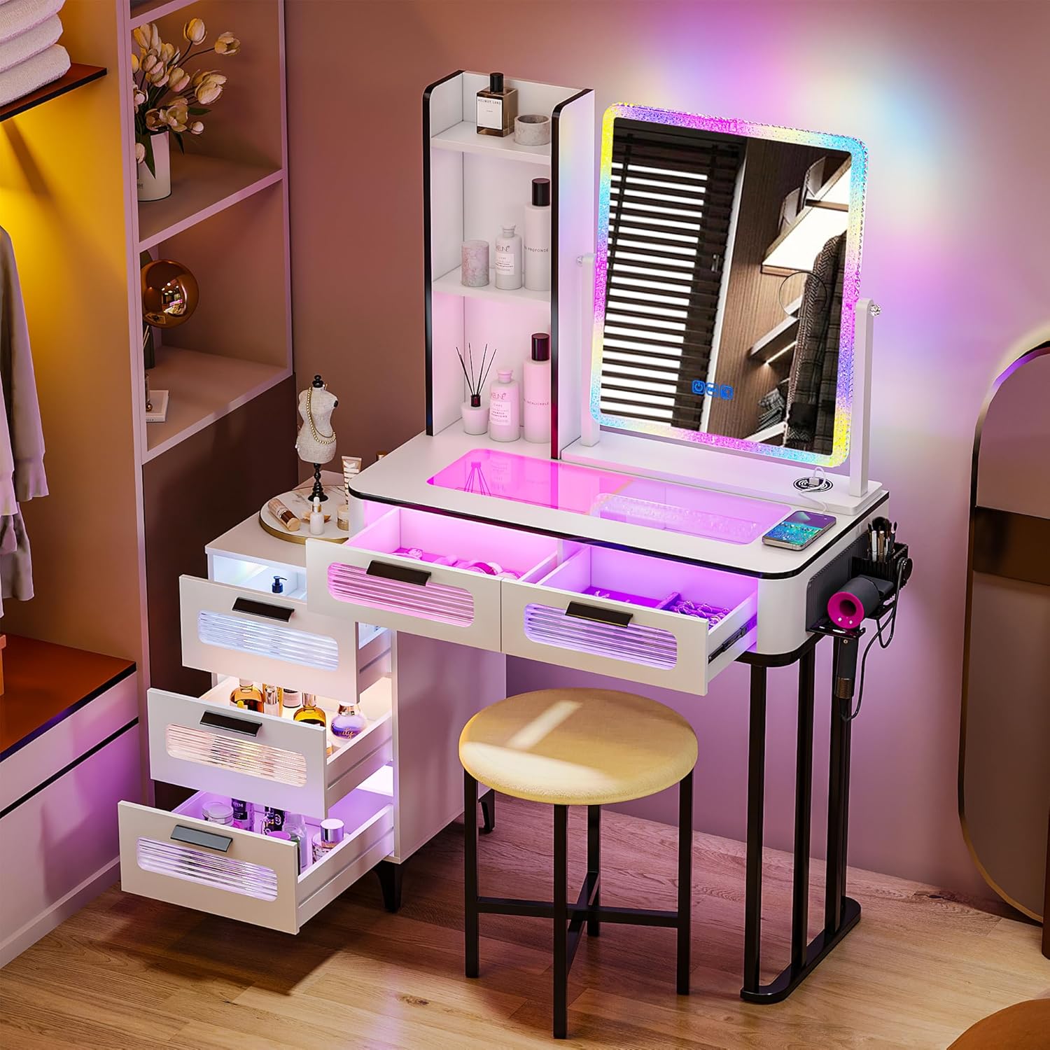 i*-RGB Makeup Vanity Desk with - Desk Setup Charging Station ulasan dan harga