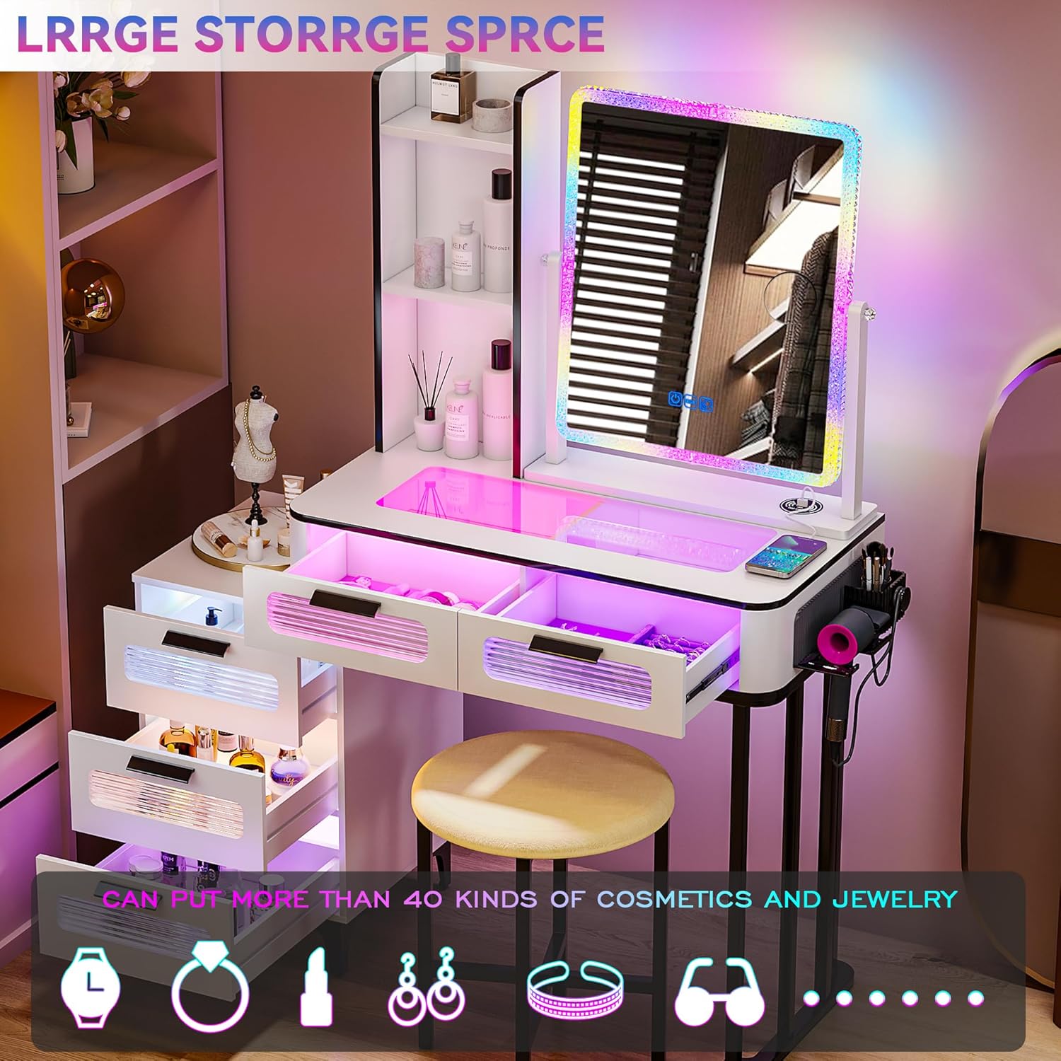 i*-RGB Makeup Vanity Desk with - Desk Setup Charging Station ulasan dan harga
