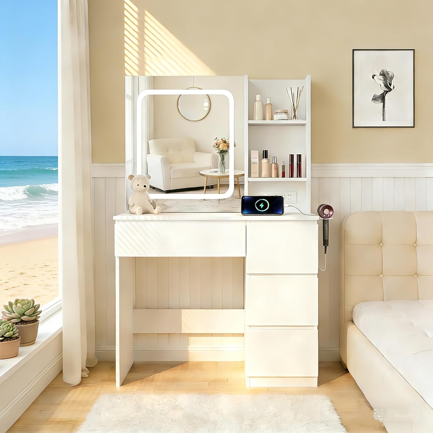 i*-Make Up Vanity Desk with Ch - Desk Setup Charging Station ulasan dan harga