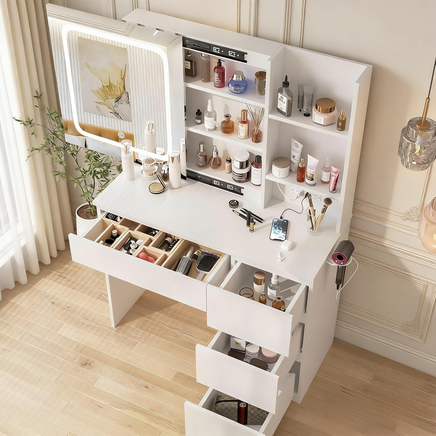 i*-Make Up Vanity Desk with Ch - Desk Setup Charging Station ulasan dan harga